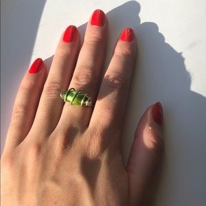 Green Wire Wrapped Glass Ring- Handmade